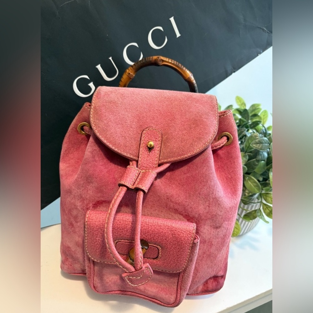 Gucci Pink Suede Bamboo-Handle Backpack